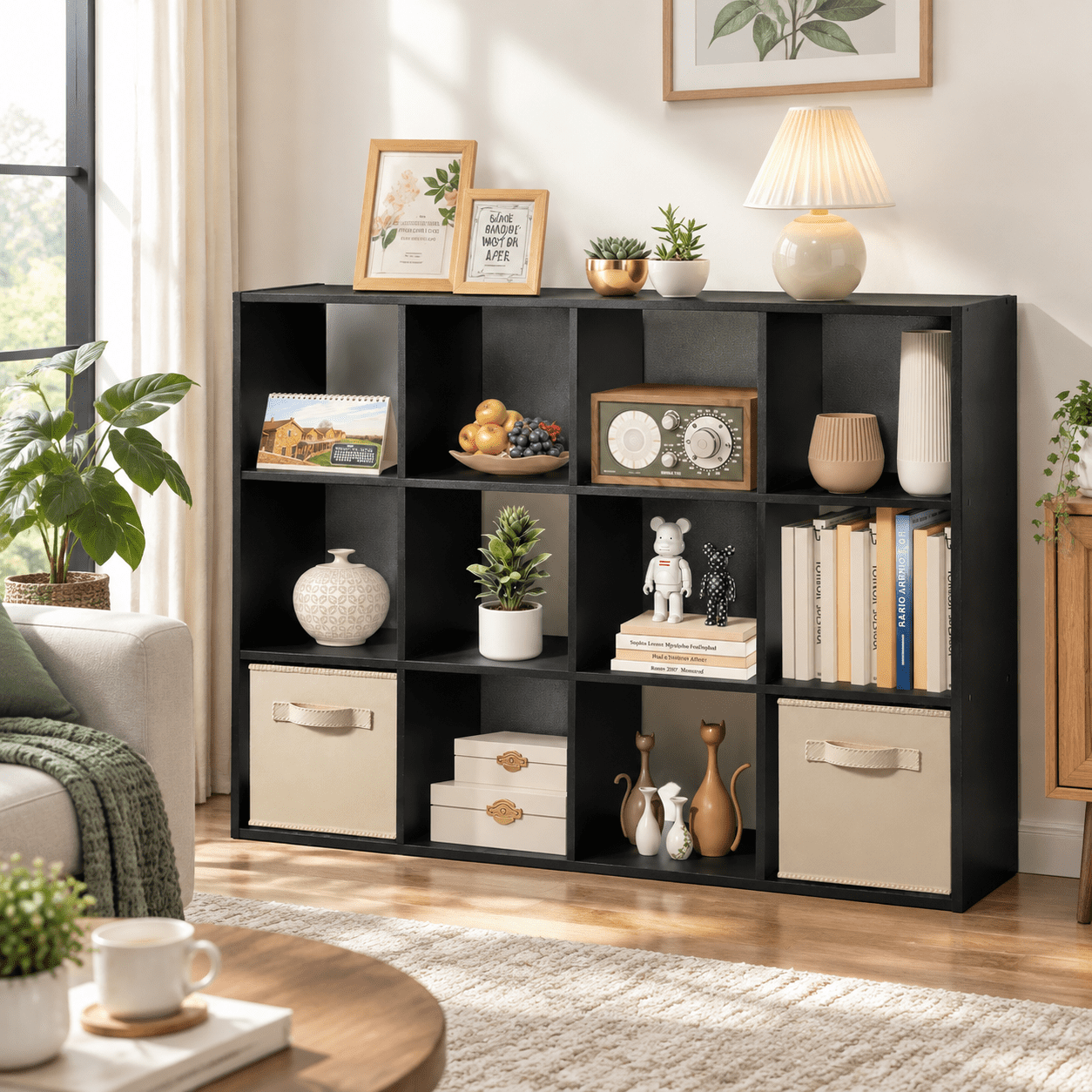 Container For Cabinet Black 12 Cube Wood Storage Organizer Open Bookcase Display Cabinet for ...