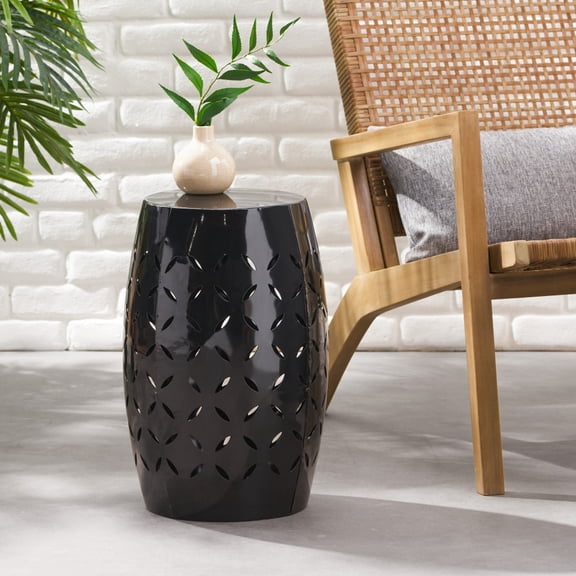 Black 12" Cylindrical Cut-Out Metal Accent Side Table