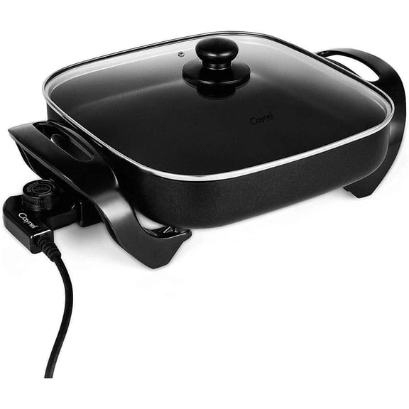 Black 12'' Electric Skillet Glass Cover Home Kitchen Cooking Non Stick Fry Cook