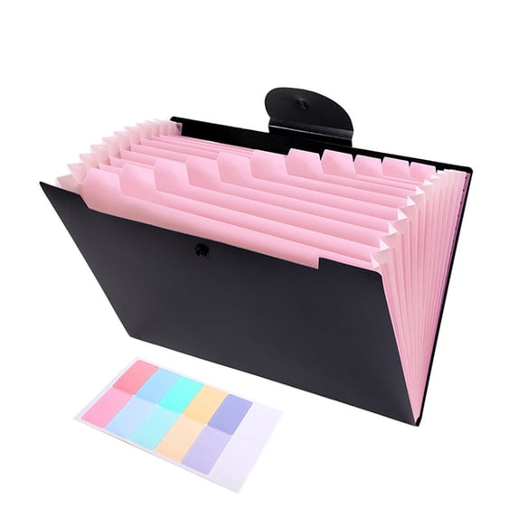 Black 12-Pocket Accordion File Folder - Portable Document Organizer for School, Bills & Receipts. Letter Size, PP Material