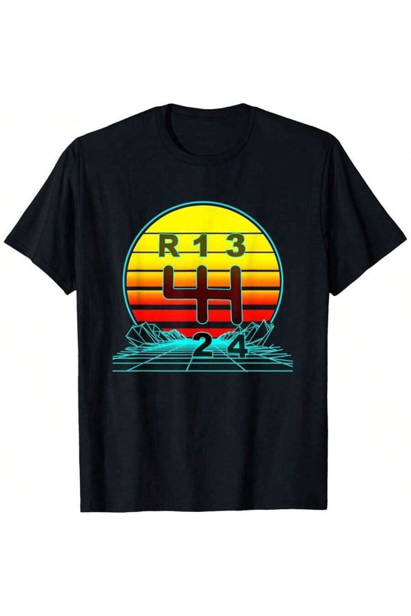 Black 12 Retro Synthwave Gear Shift Graphic T-Shirt For Women