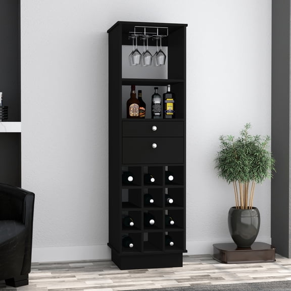 Black 12 Wine Cabinet With 2 Practical Drawers & 1 Shelf Modern For Organization And