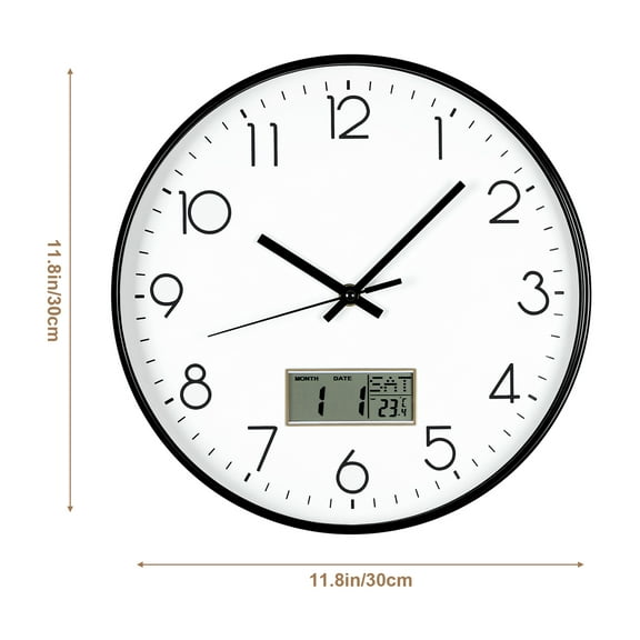 Black 12-inch Plastic Wall Clock with Perpetual Calendar