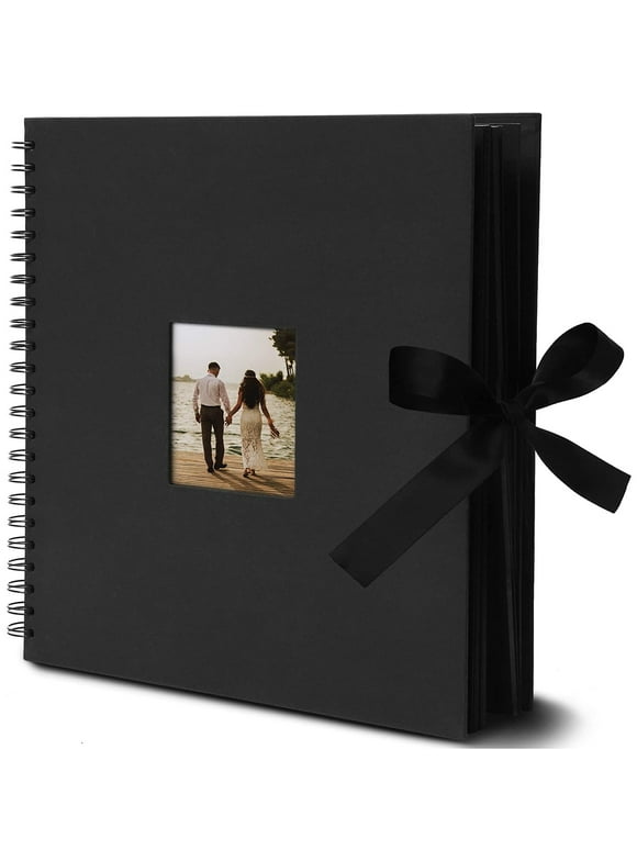 Black 12 x 12 Scrapbook Album with Silk Ribbon, Cover Window, Spiral Bound Photo Book for Wedding, Anniversary, Baby and Kids (80 Pages)