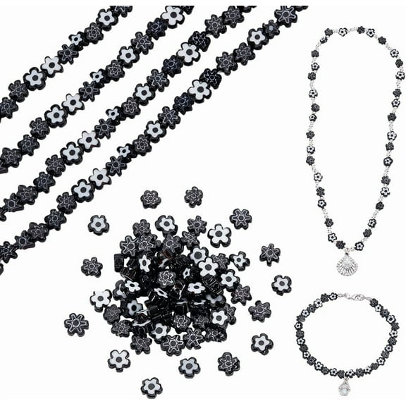 Black 120~138 Pcs Millefiori Lampwork Glass Beads Black 4~7.2mm Plum Blossom Beads Handmade Flat Flower Loose Spacer Bead for DIY Crafts Necklace Bracelet Earring Jewelry Making