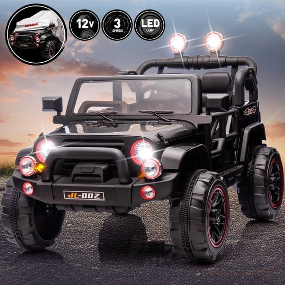 Black 2-Seater 12V Battery Kids Ride On Car Truck Electric Toys 3 Speeds Gift w/Music,LED,Cover,Remote Control