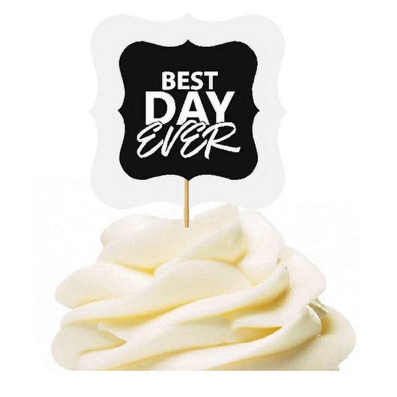 Black 12pack Best Day Ever Cupcake Desert Appetizer Food Picks for Weddings, Birthdays, Baby Showers, Events & Parties