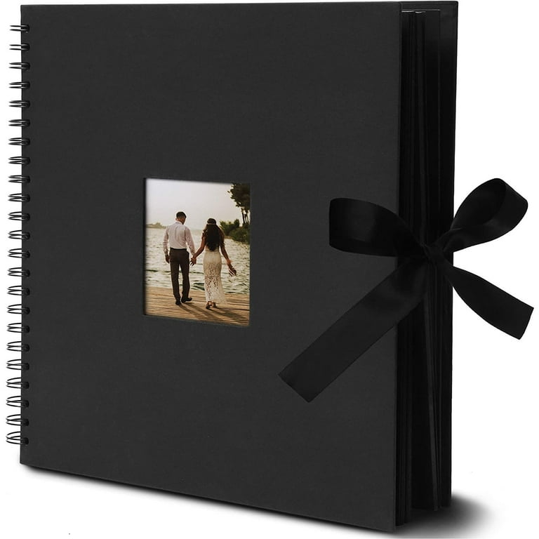 Black 12x12 Scrapbook Album with Silk Ribbon, Cover Window, Spiral