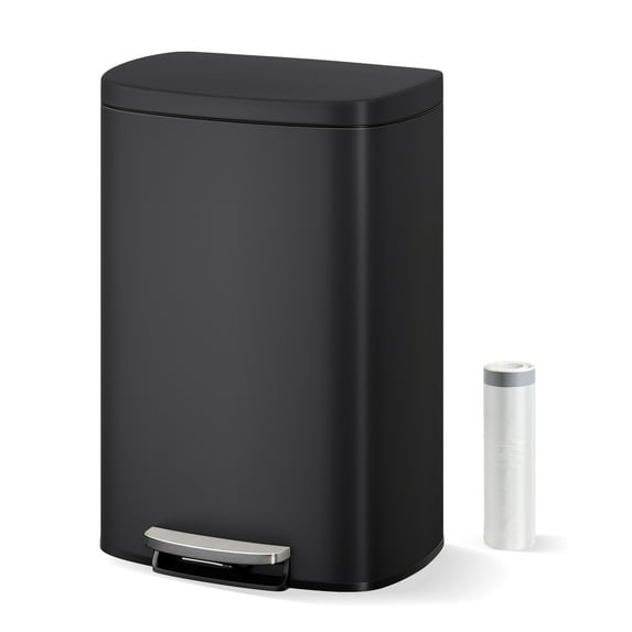 Black 13 Gallon Stainless Steel Kitchen Trash Can with Lid, Large Rustproof Step-on Metal Trash Bin with Inner Bucket, Rear Handle, and Soft Close Lid, Durable and Stylish Garbage Can for Kitchen Use