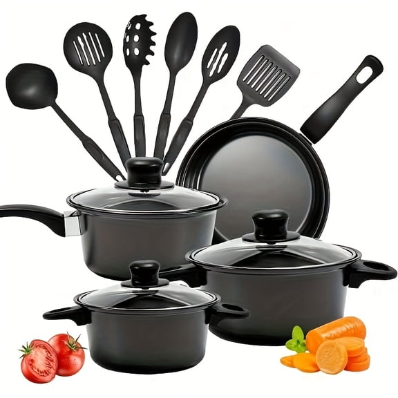 Black 13pcs Kitchenware Set Pots & Spoons Set Non-stick Cookware Set Induction Cooker Pot Nonstick Cooking Set Outdoor Camping Set Including Frying Pan, Milk Cooker, Soup Pot 2 6pcs Of Kitchenware