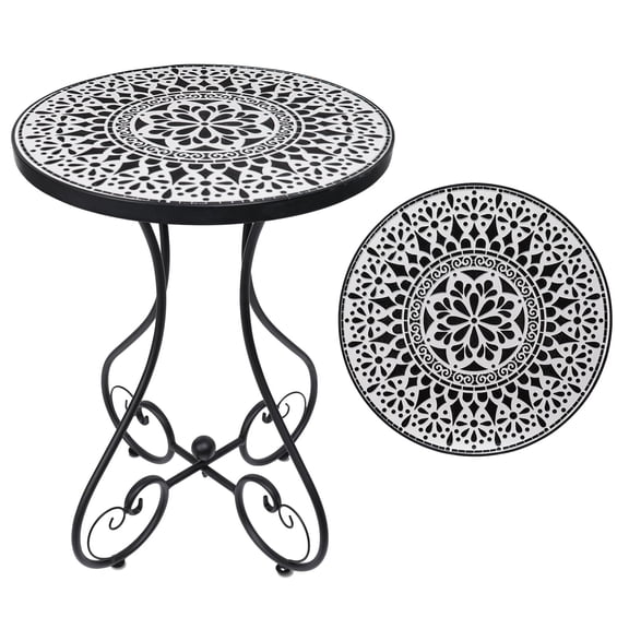 Black 14 Inch Mosaic Tile Top Metal Frame Small End Table for Patio Porch Garden Balcony