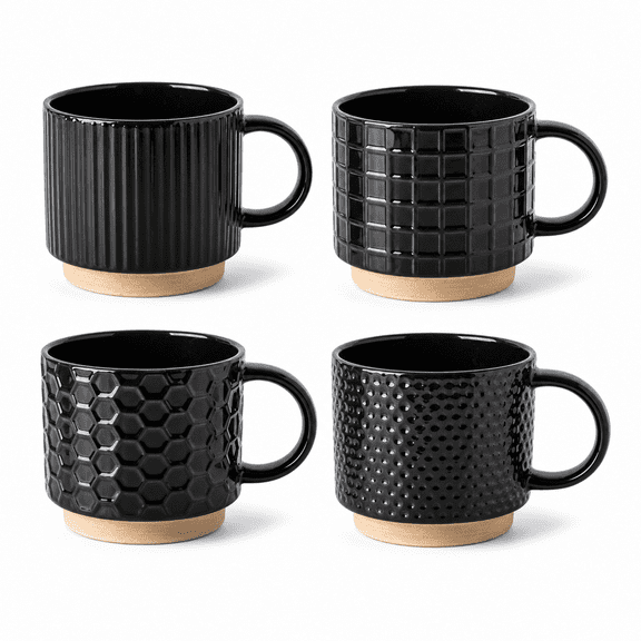 Black 15 Ounces Stackable Ceramic Coffee Mugs Set of 4 for Latte Cappuccino Cocoa
