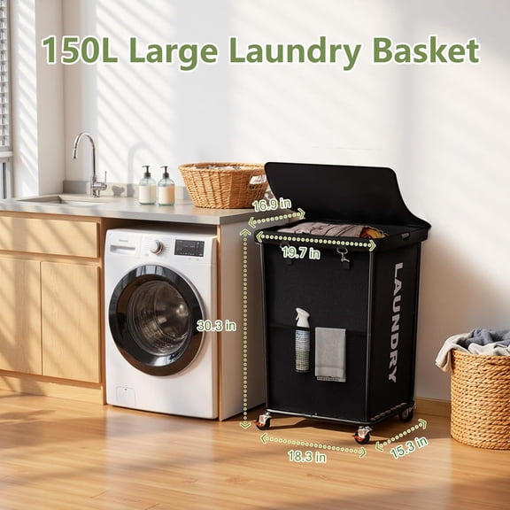 Black 150L Rolling Laundry Basket with Wheels - Metal Frame Hamper with Cloth Cover & Removable Bag for Bedroom