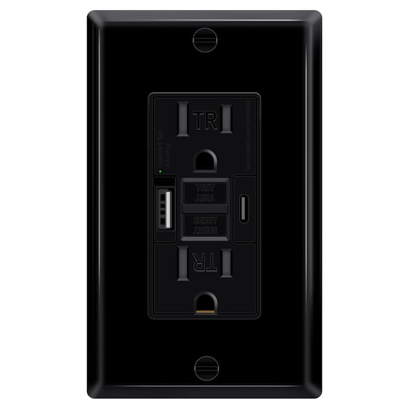 Black 15A GFCI Outlet with USB Ports(Type A & C, 4.8A/24W Total Output), GFI Electrical Outlet with 2 USB Charging Ports- Self-Test Tamper-Resistant with LED Indicator, ETL Listed, 1Pack