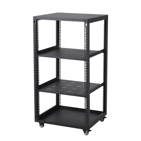 Black 15U Open Frame Server Rack – 19" Wall Mount or Floor Standing Network Cabinet with Casters, 2x 1U Shelves for IT, Audio/Video, Home or Office Use
