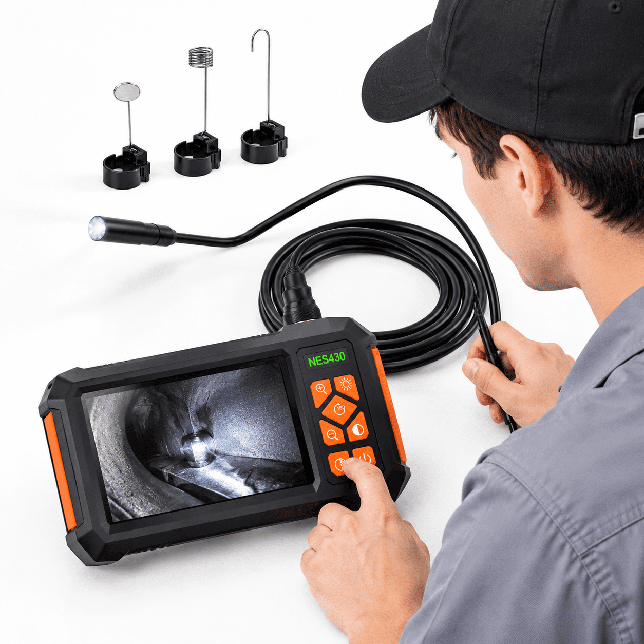 Black 16.4FT Semi-Rigid Borescope Camera with 4.3 Inch IPS Screen for ...