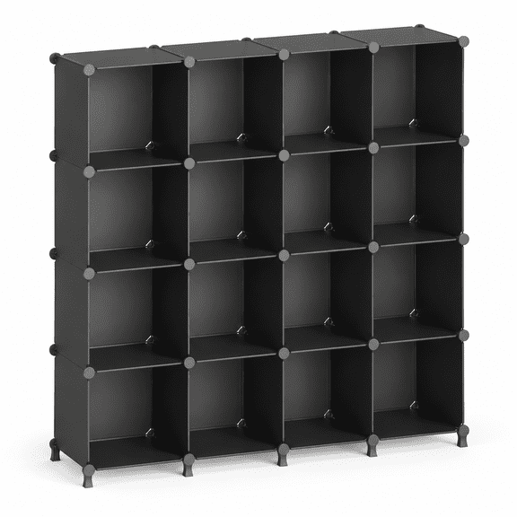 Black 16-Cube Plastic Storage Shelf Unit, Modular Closet Organizer