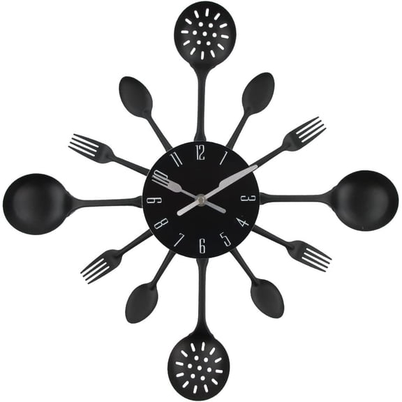 Black 16 Inch Wall Clock Metal Kitchen Cutlery Spoon Fork Wall Clock Creative Modern Home Decor Antique Style Wall Watch