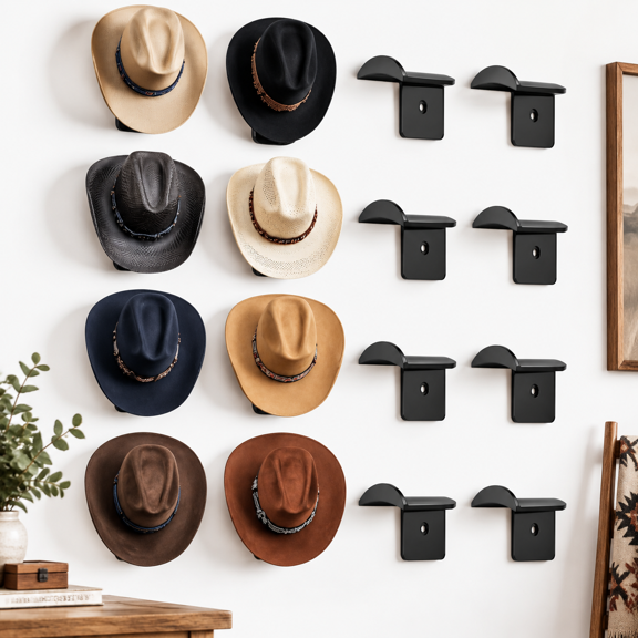 Black 16 Pack 2.8 Inch Adhesive Hat Hooks Wall Mounted Cap Organizer