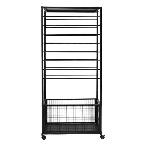 Black 16-Tier Rolling Ribbon Organizer Rack, Double-Sided Storage with Basket & Adjustable Shelves, Iron Construction, Locking Wheels—For Craft, Fabric, or Gift Wrap, Easy Assembly