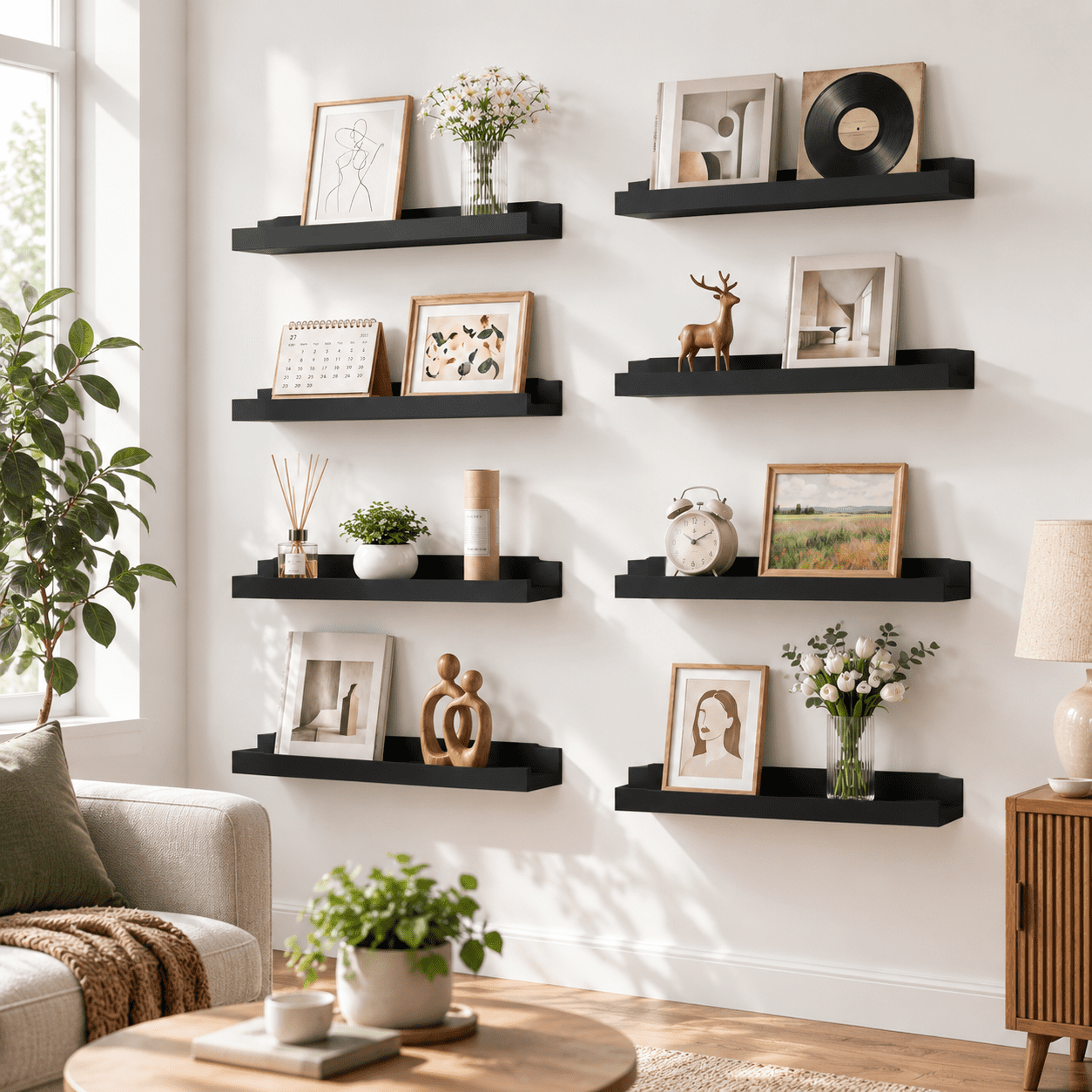 Black 16 in 8 Pack Wall Mounted Floating Shelves With Lip For Living