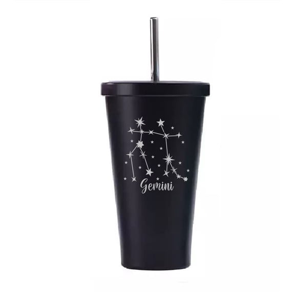 Black 16 oz Stainless Steel Double Wall Insulated Tumbler Pool Beach Cup Travel Mug With Straw Star Zodiac Horoscope Constellation (Gemini)