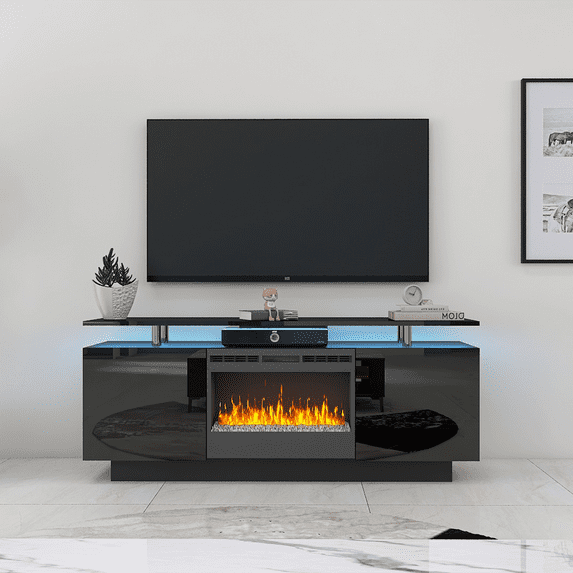 Black 160CM Large TV Cabinet with Fireplace, Color Changing, 9 Models, 8 Levels LED Light