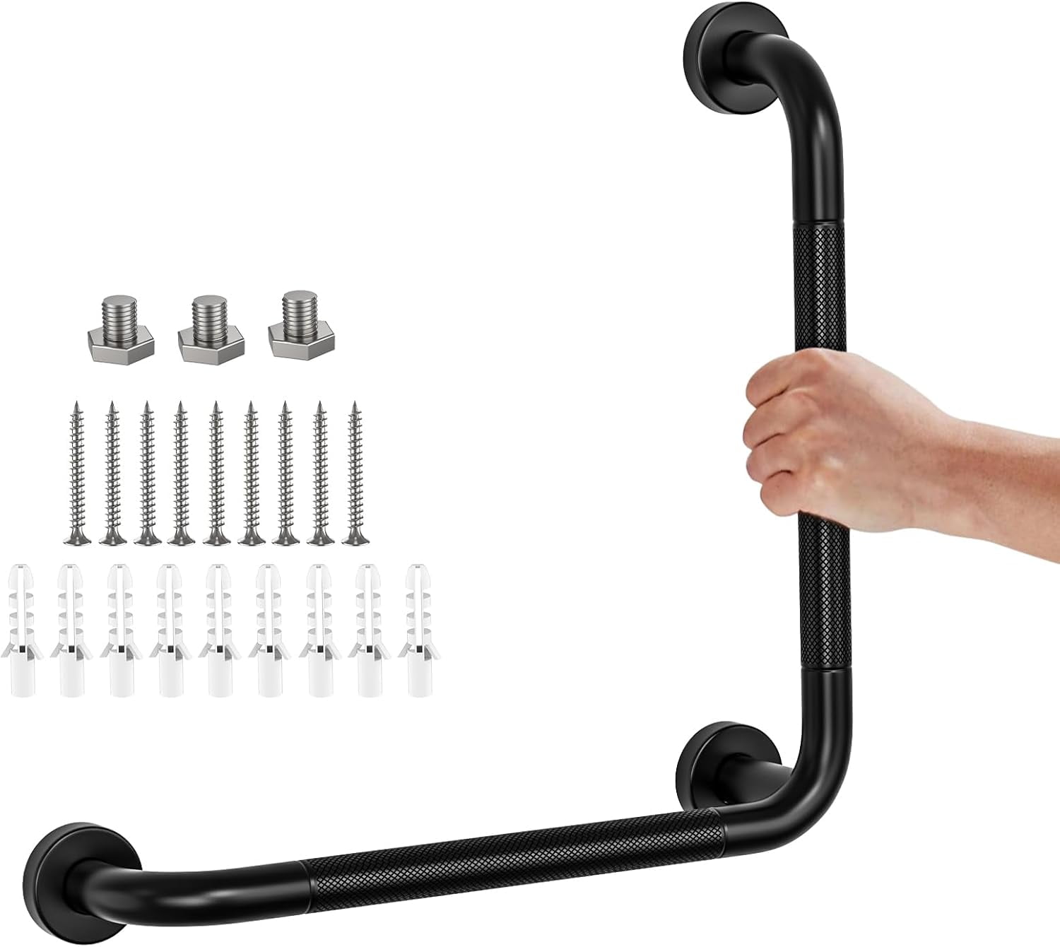 Angled Grab Bar - 16x16 Inch Stainless Steel Knurled Toilet Handles Wall Mounted Bathroom Handicap Safety Rails for Elderly Injured Balance Support, L-shaped Matte Black Grab Bar for Shower