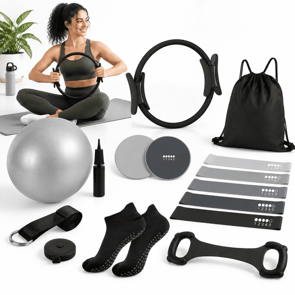 Black 17-Piece Pilates and Yoga Starter Kit for Core and Fitness