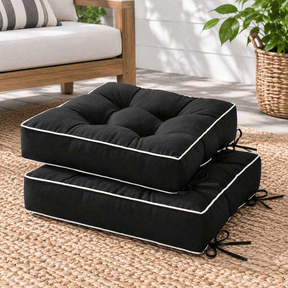 Black 17"x17"x5" Tufted Square Outdoor Patio Chair Cushions Set of 2