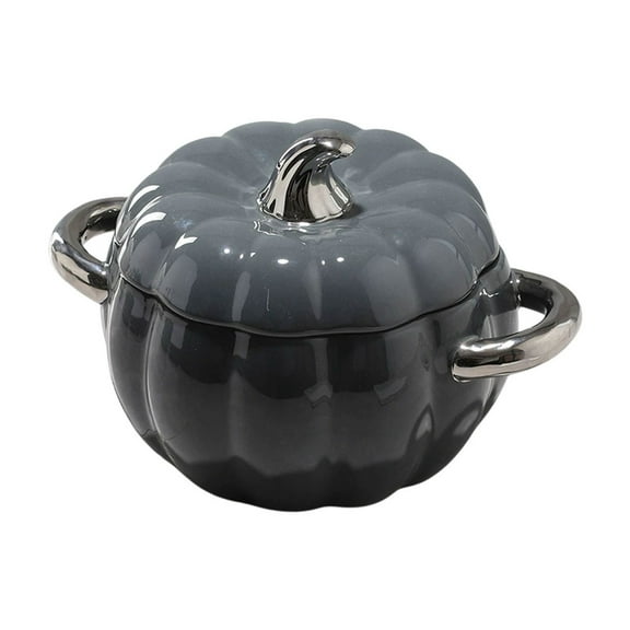 Black 1800Ml Ceramic Pumpkin Bowl With Lid, Oven Safe Soup Bowl For Fall Holiday