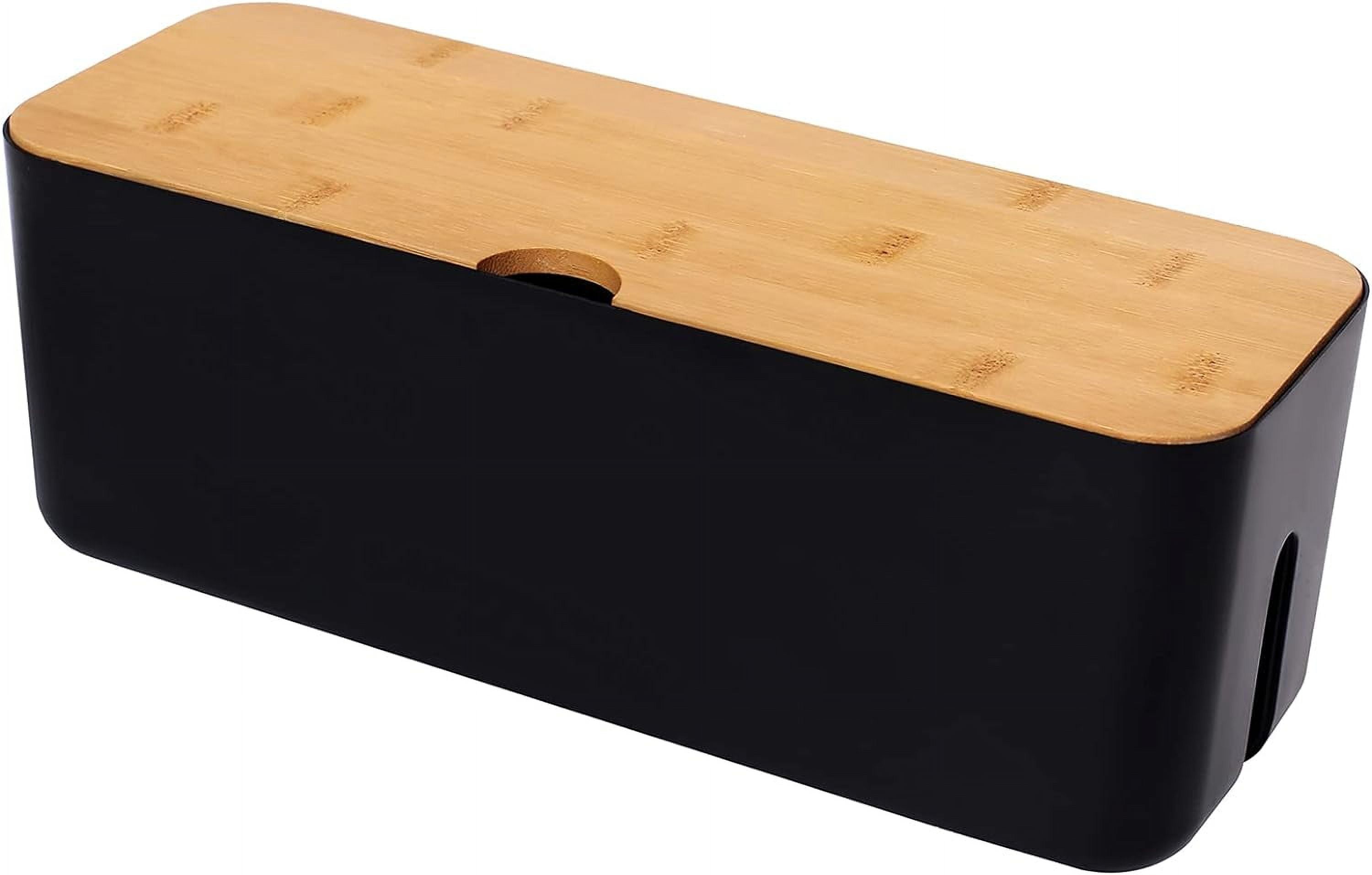 Black 1PC Small Cord Management Box, Bamboo Lid Black, Perfect for