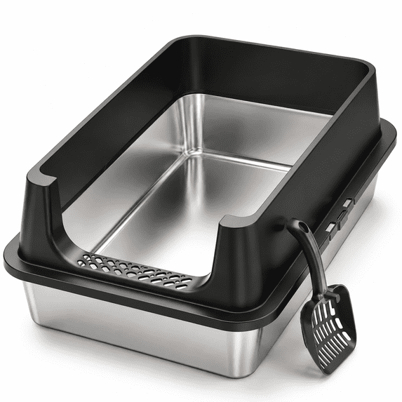 Black-1Pack XL Open Top Stainless Steel Cat Litter Box With High Sides