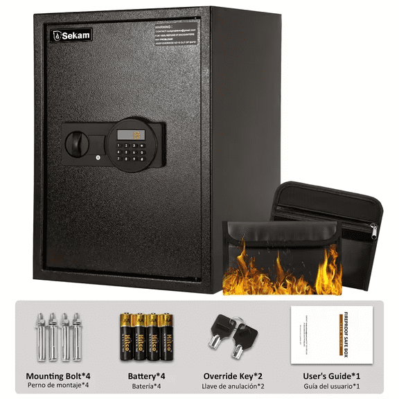 Black 2.2 Cu Ft Fireproof Safe, Large Home Security Safe Box with Digital Keypad & Alarm System, Waterproof Heavy-Duty Steel Lock Box for Rifles, Firearms, Cash, and Valuables