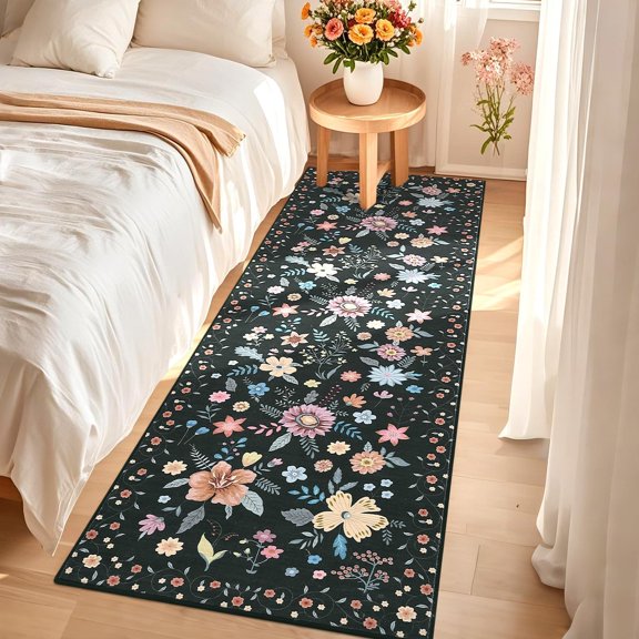 Black 26ft Ultra Thin Floral Kitchen Runner Rug, Non-Slip Soft Indoor Hallway Bedroom Floor Mat