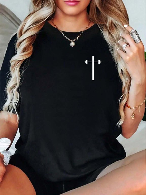 Black 2 Cotton Barbell Cross Graphic Tee For Women Gym Workout Casual Top