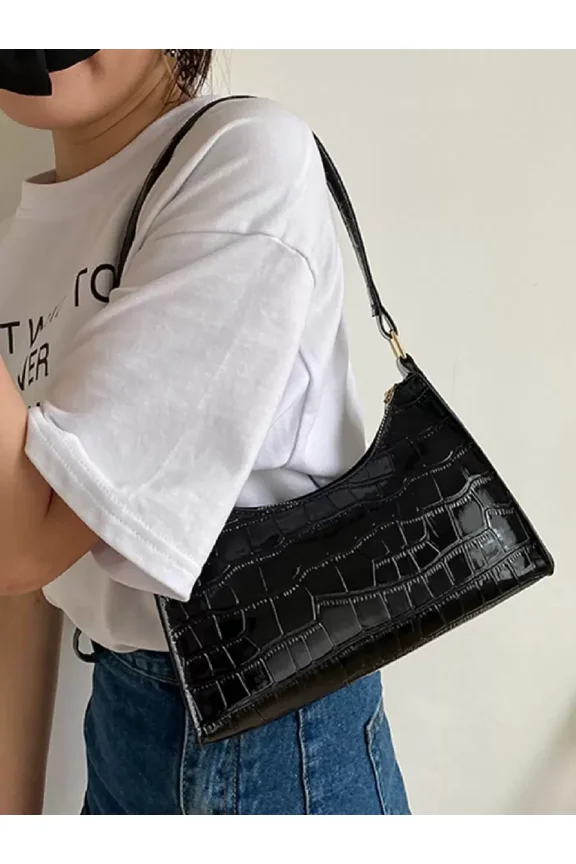 Black-2 Croc-Embossed Vegan Leather Shoulder Bag With Zipper Closure