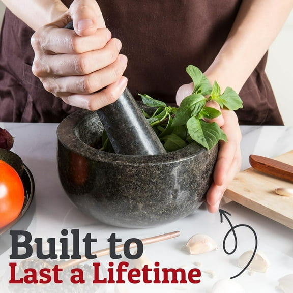 Black 2-Cup Mortar and Pestle Set, 100% Granite Heavy Duty Stone Grinder Bowl with Non-Slip Base for Herbs, Spices, Guacamole & Pesto