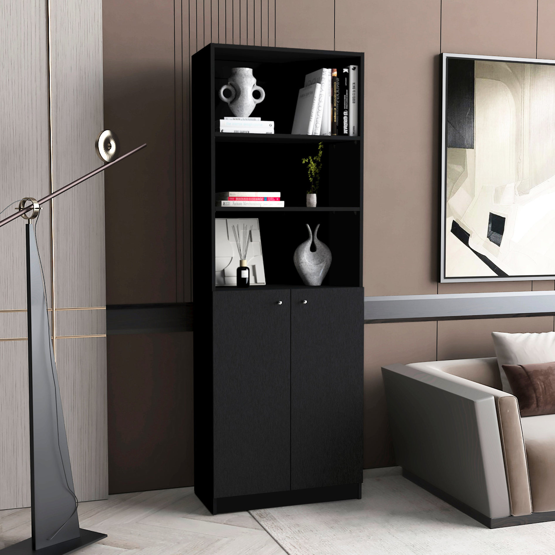 Black 2-Door Bookcase Featuring Open and Hidden Shelves - Beautify Your ...