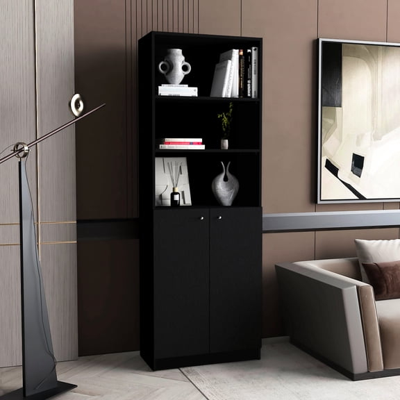 Black 2-Door Bookcase with Double-Door / Spacious Shelving and Modern Functionality in Home