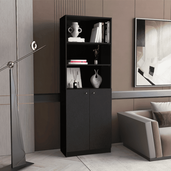 Black 2-Door Bookcase with Open & Concealed Storage - Modern Style for Living Room Bedroom Home Office