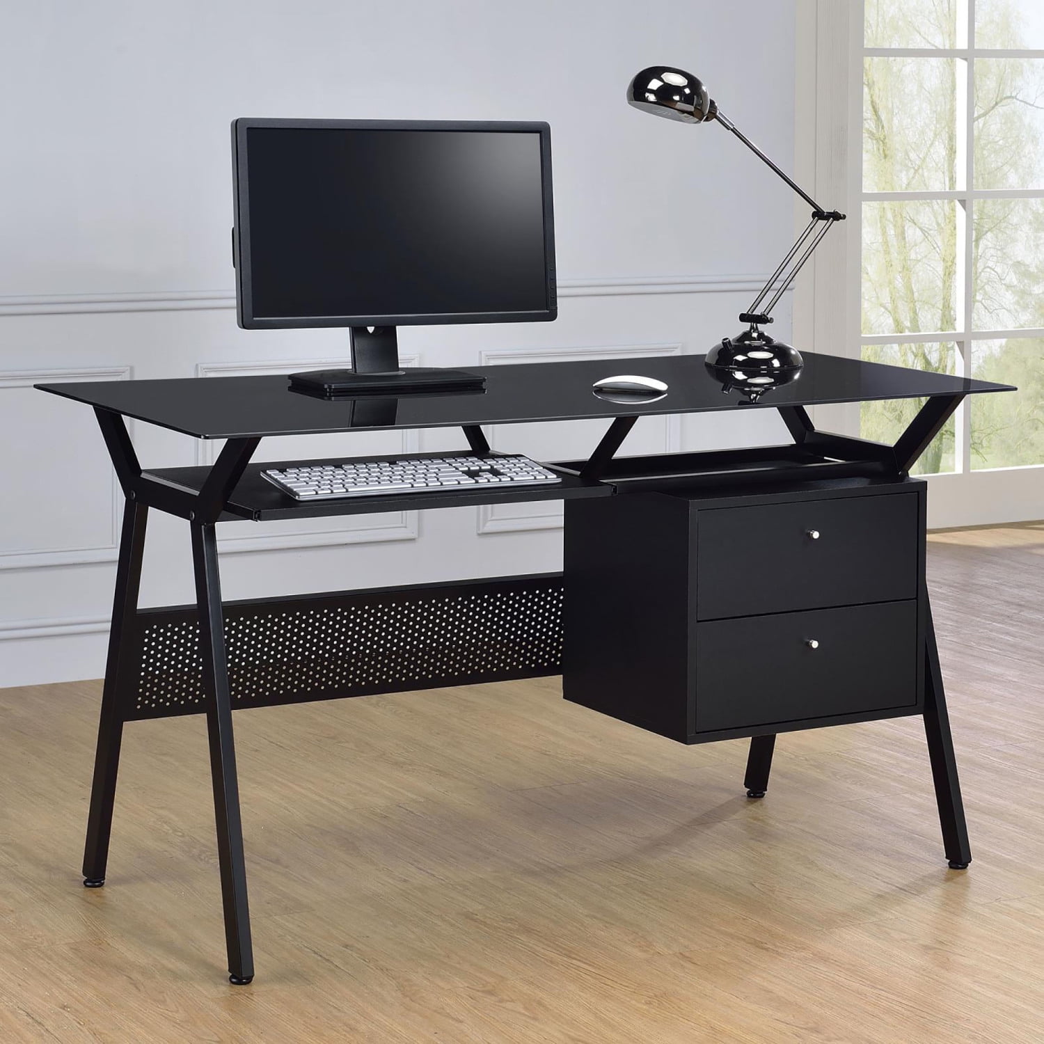 Transitional Black 55" Home Office Desk with Keyboard Tray and Drawers