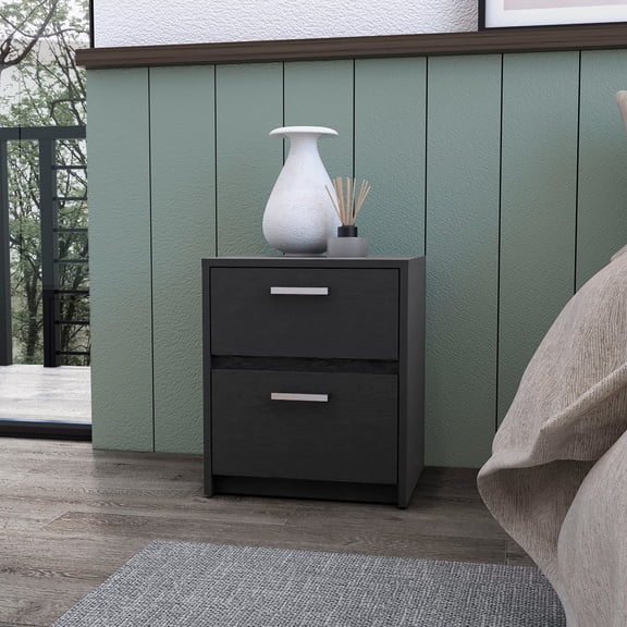 Black 2-Drawer Furniture | Bedroom Nightstand for Keeping Necessities Nearby | Aesthetically Pleasing with Metal Handles