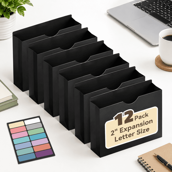 Black 2" Expansion Poly File Jackets, Letter Size, 12 Pack, Heavy Duty Organizer for Office School Home
