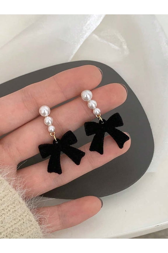 Black-2 Fuzzy Velvet Bow Dangle Earrings With Faux Pearls, One Pair