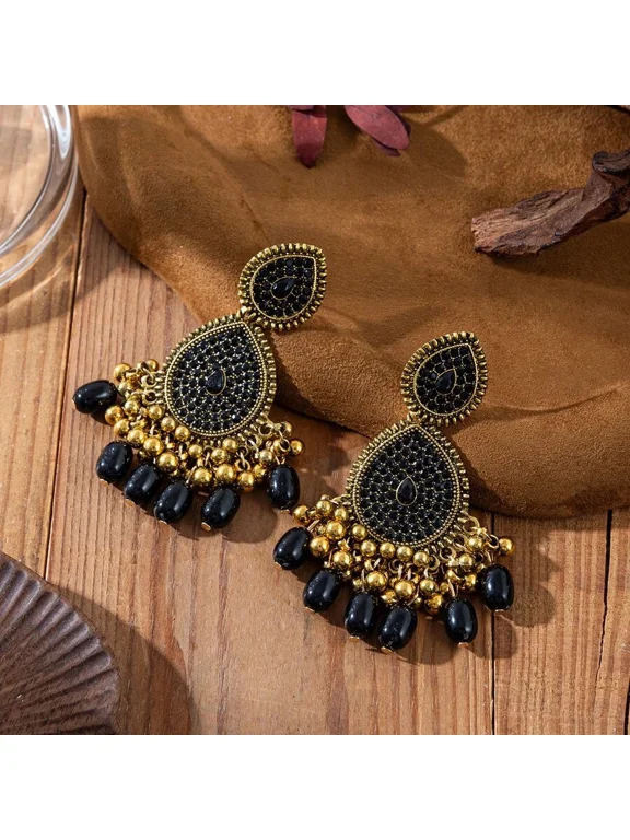 Black 2 Goldtone Vintage Chandelier Dangle Earrings With Black Beads