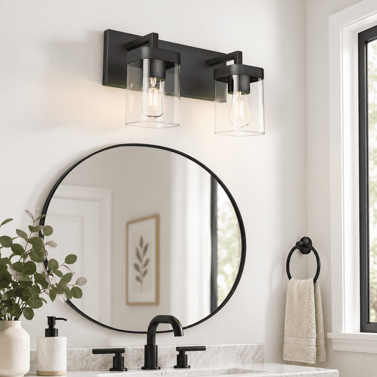 Black 2 Light Square Matte Black Vanity Light Fixture for Bathroom and ...