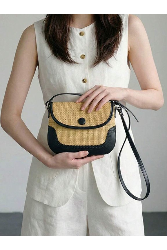 Black-2 Mini Woven Flap Saddle Crossbody Bag With Adjustable Strap