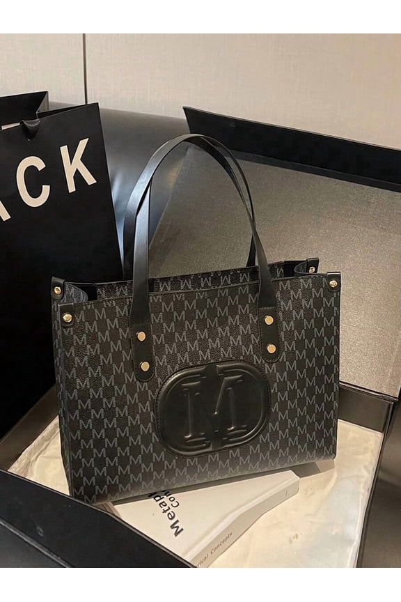 Black-2 Monogram All-Over Print Structured Tote Bag With Dual Top Handles