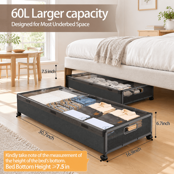 Black-2 Pack Extra Large Rolling Metal Under Bed Storage Drawers